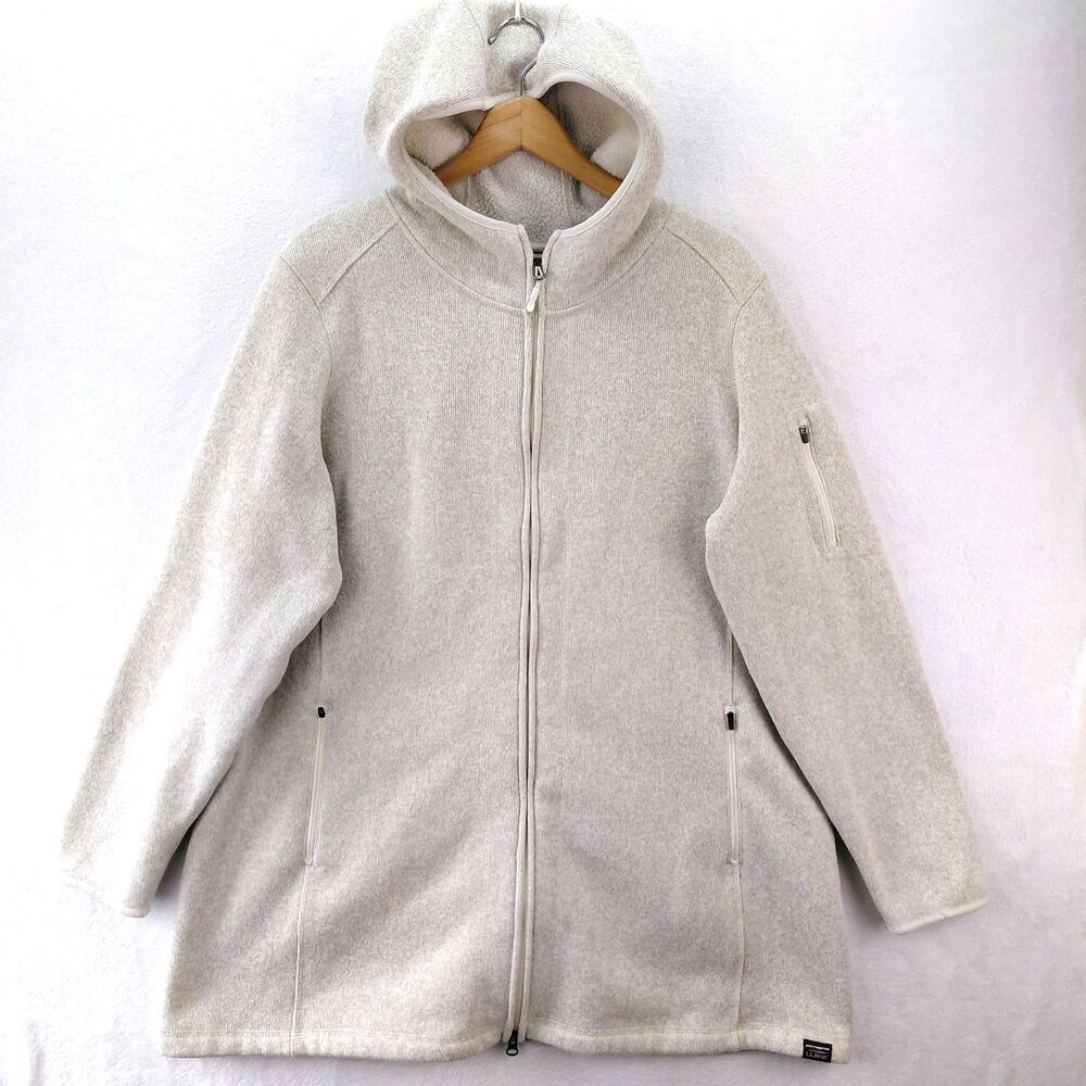 LL Bean Coat Women 1X Beige Sweater Fleece Hooded Full Zip Longline Jacket 50333